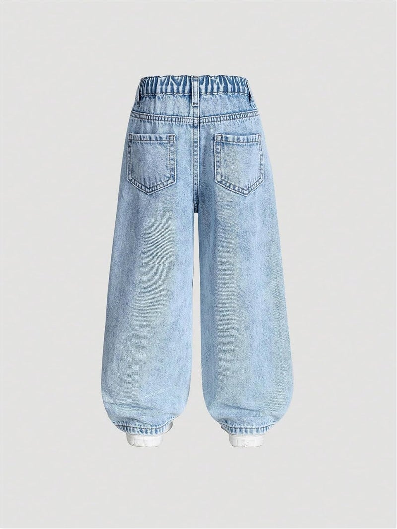 WDIRARA Toddler Girl's Pearls Jeans Elastic Waist Straight Leg Denim Pants - Image 2